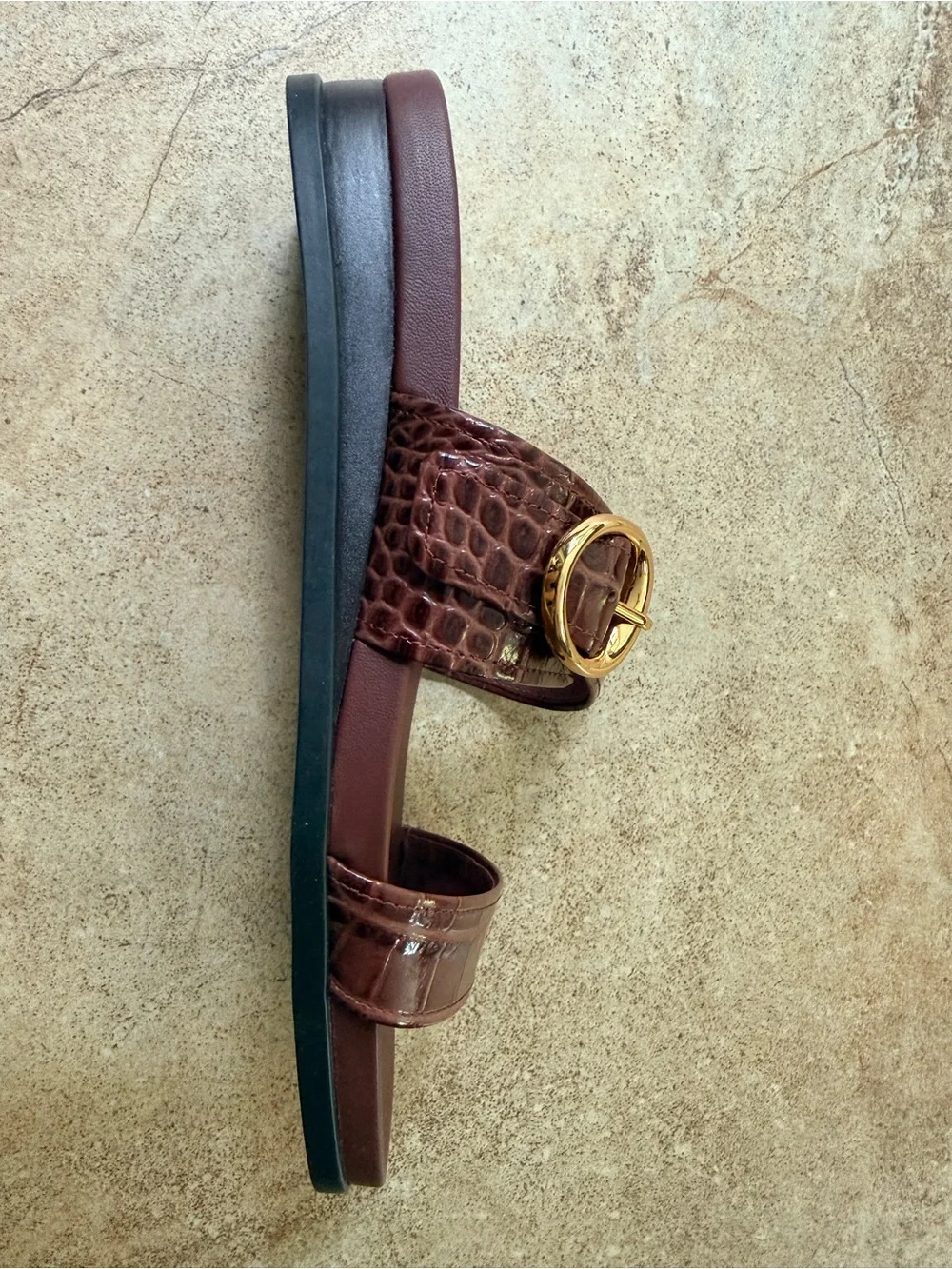 Cole Haan Wine Croc-Embossed Slide Sandals with Gold Buckle Detail